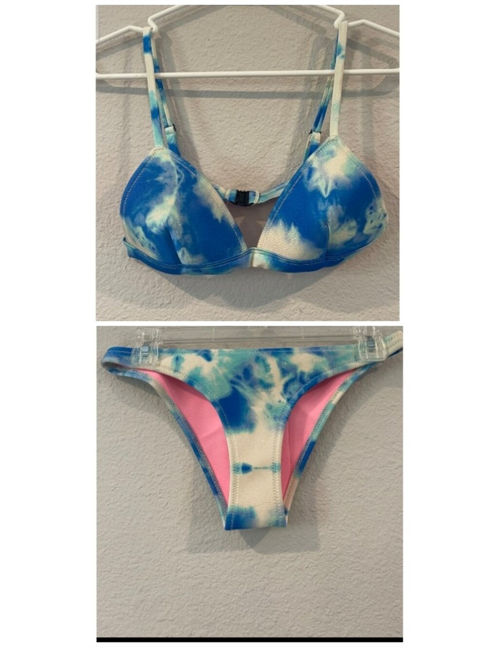 Triangl Womens Blue White Cloud Tie Dye‎ 2 Piece Bikini Swimsuit Pink Liner